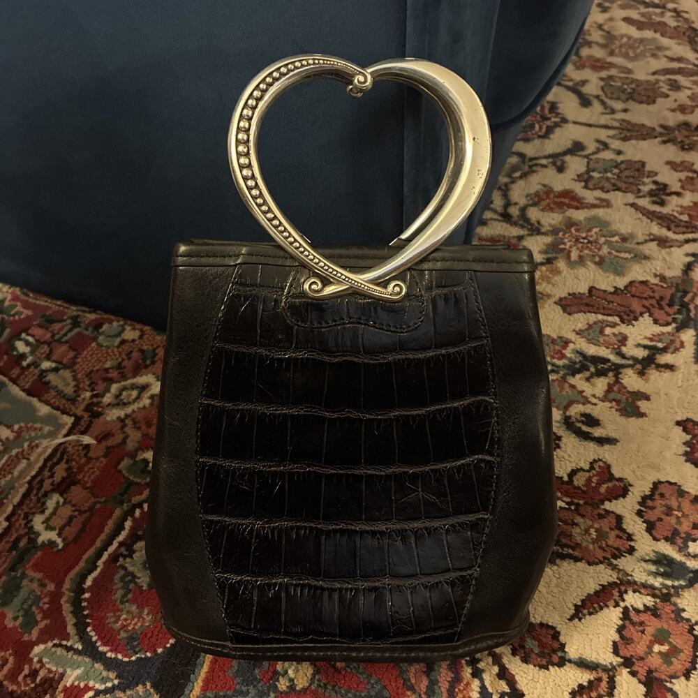 Vintage BRIGHTON Corazon Black Croc Embossed Silver Heart Handle Bucket Purse